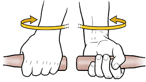 Hand holding end of hammer handle palm up, with arrow showing hand rotating palm down.